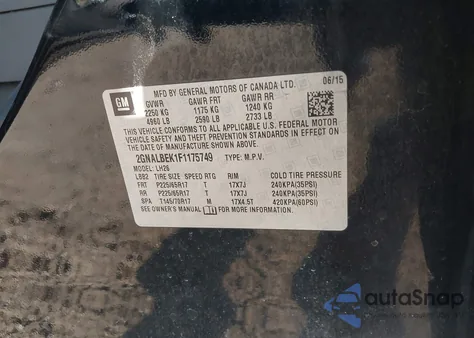 2015 Chevrolet Equinox Lt из США, поврежденный, VIN 2GNALBEK1F1175749